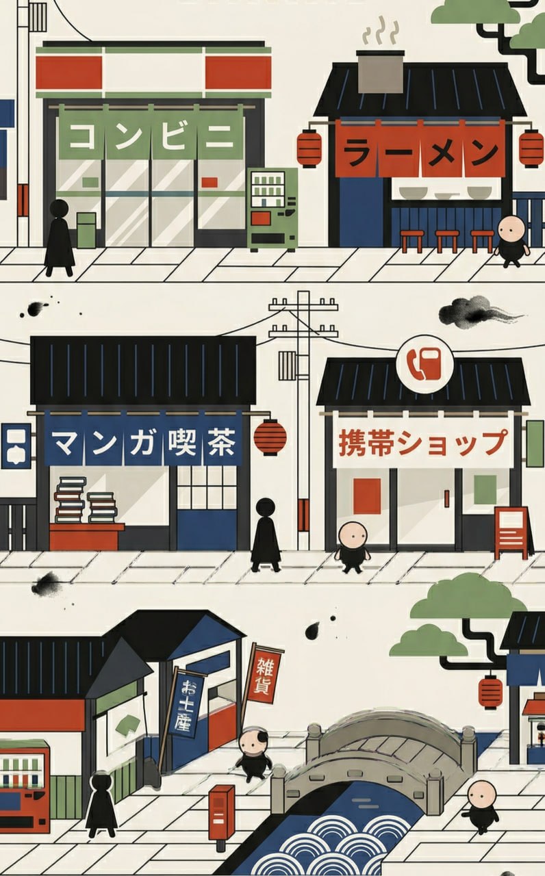 Illustrated neighborhood shops from MojiMachi
